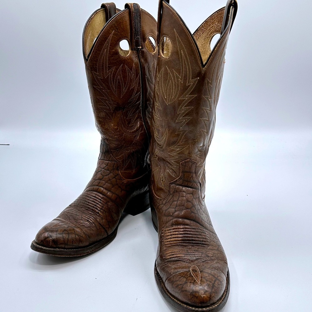 Dan Post Mens Brown Leather Elephant Print Western Cowboy Boots Pointed Toe VTG